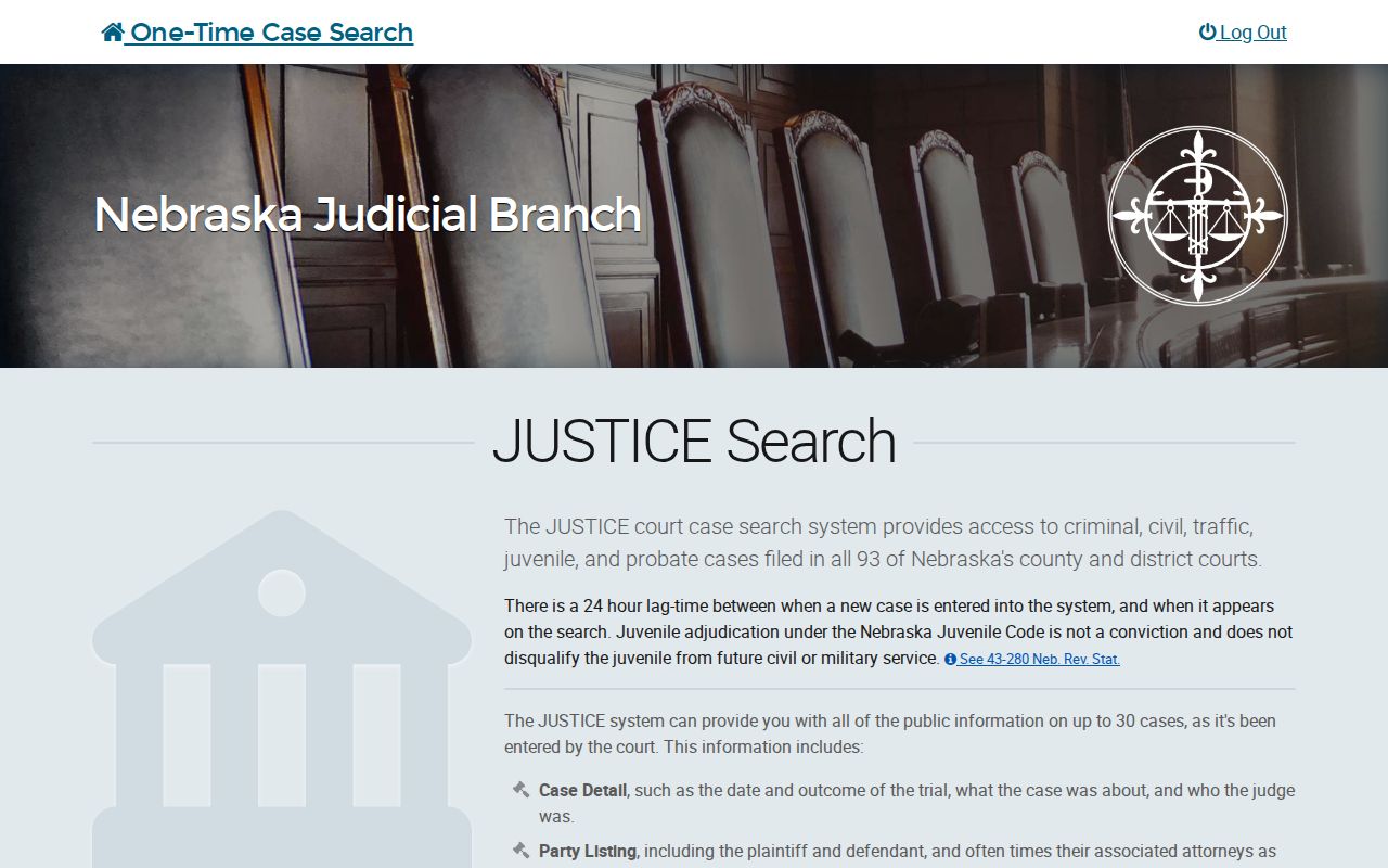 Garfield County docket search reference showing the official Nebraska JUSTICE one-time party-name search landing page