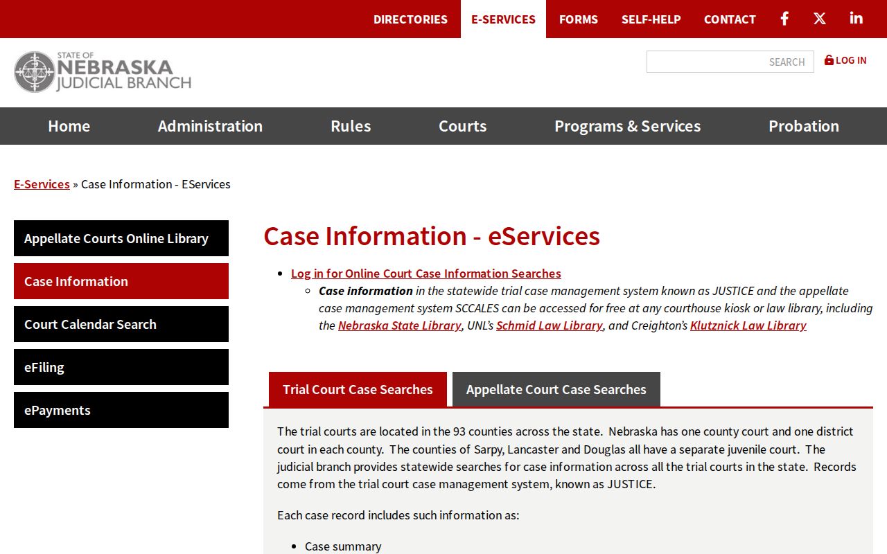 Garfield County case search reference showing Nebraska Judicial Branch Case Information access and JUSTICE service information