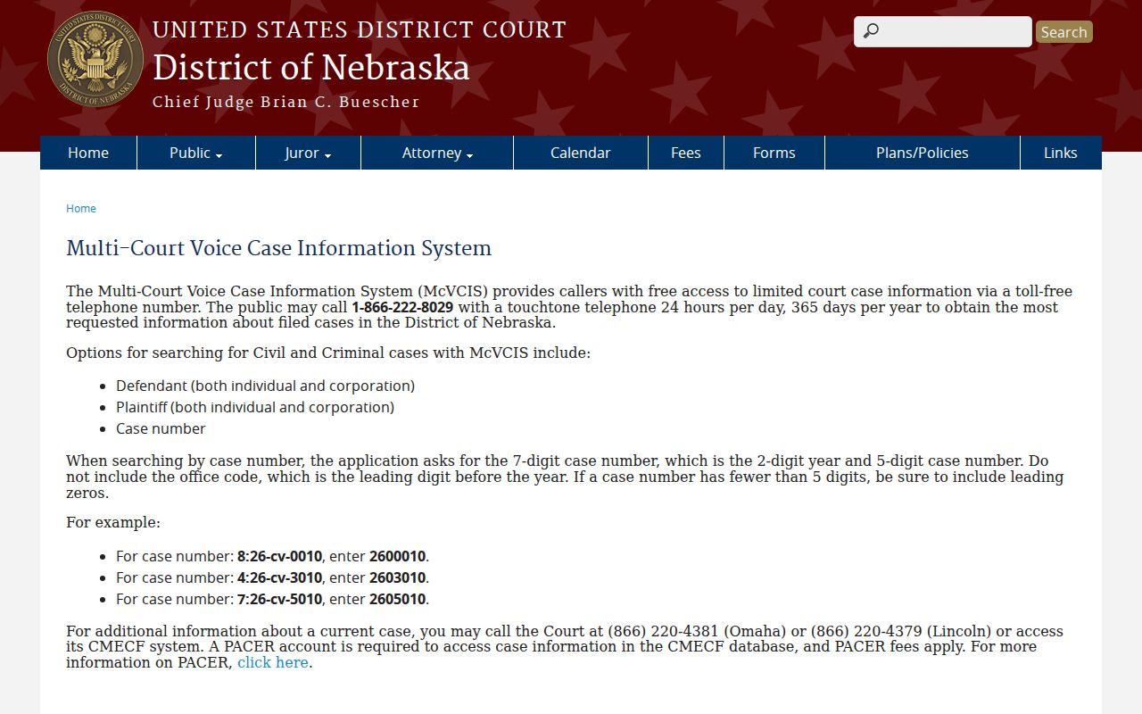Garfield County case search distinction showing District of Nebraska McVCIS federal telephone case-information service