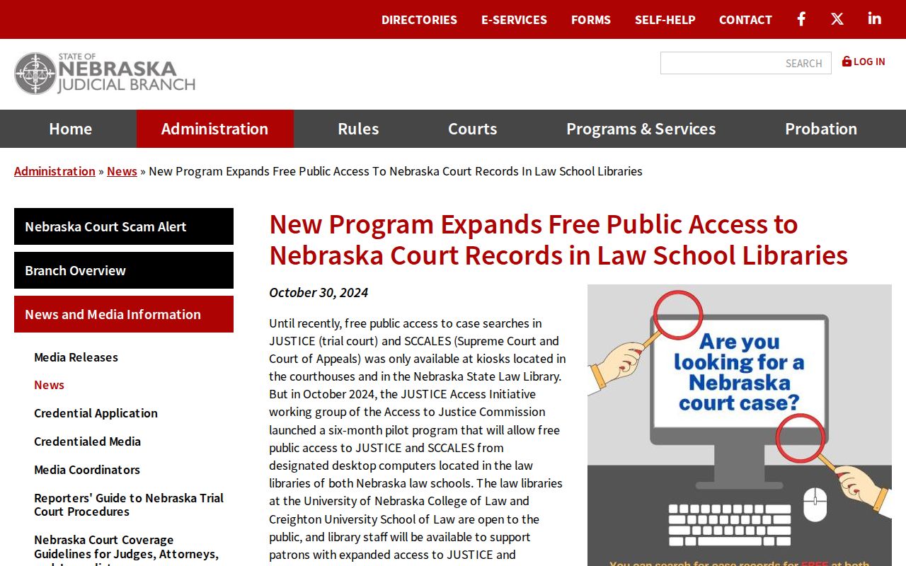 Garfield County case search reference showing Nebraska Judicial Branch free law-library JUSTICE Access Initiative notice