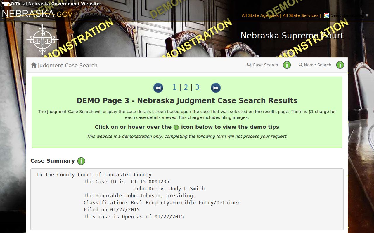 Garfield County civil docket sample Case Detail with Register of Actions and document areas