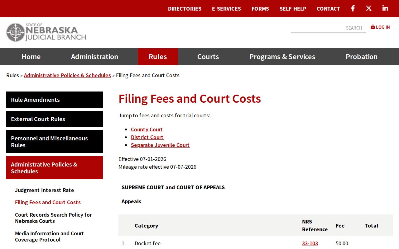 Garfield County civil docket Nebraska filing fee and copy certification schedule