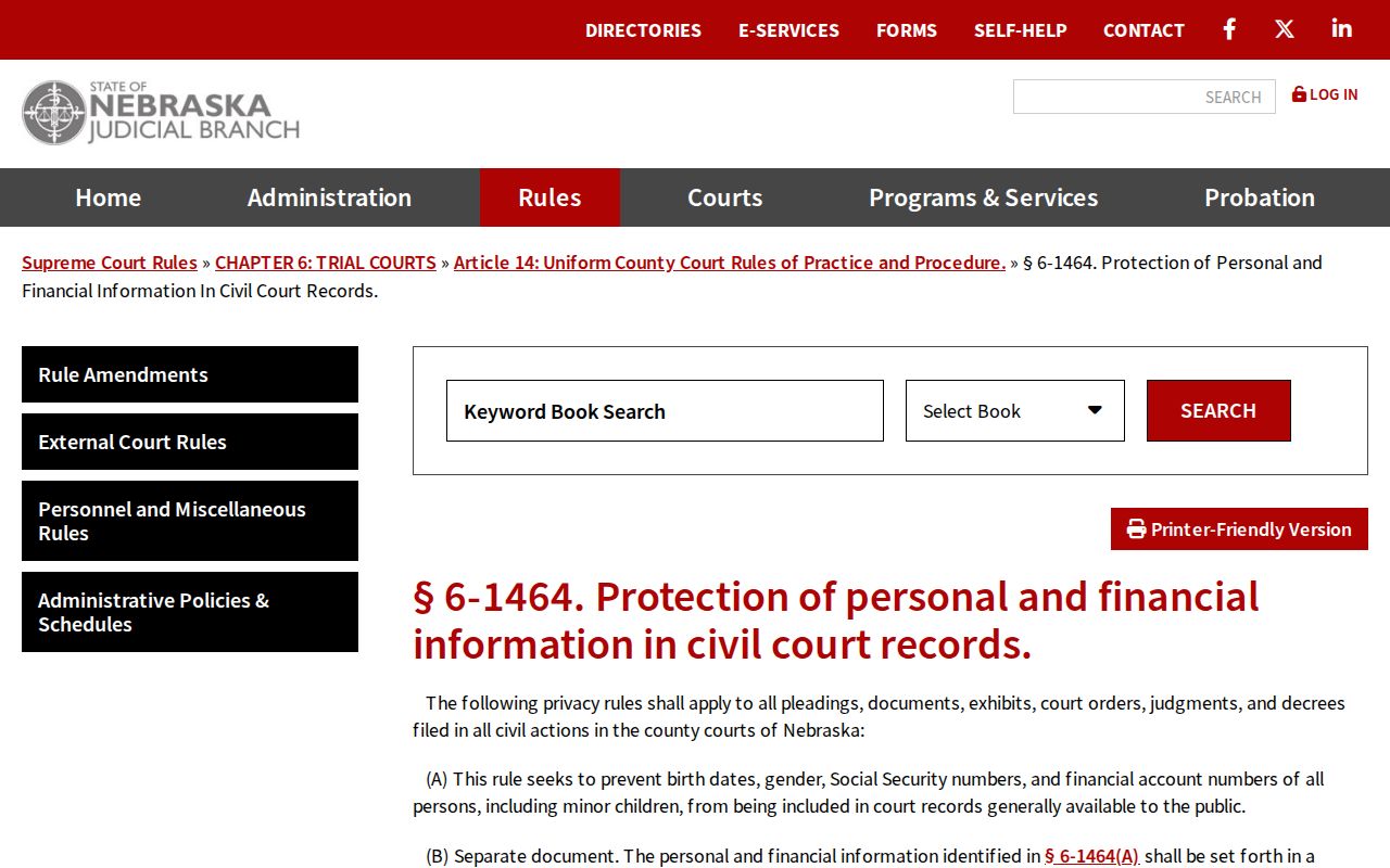 Garfield County civil docket Nebraska privacy and redaction rule for court records