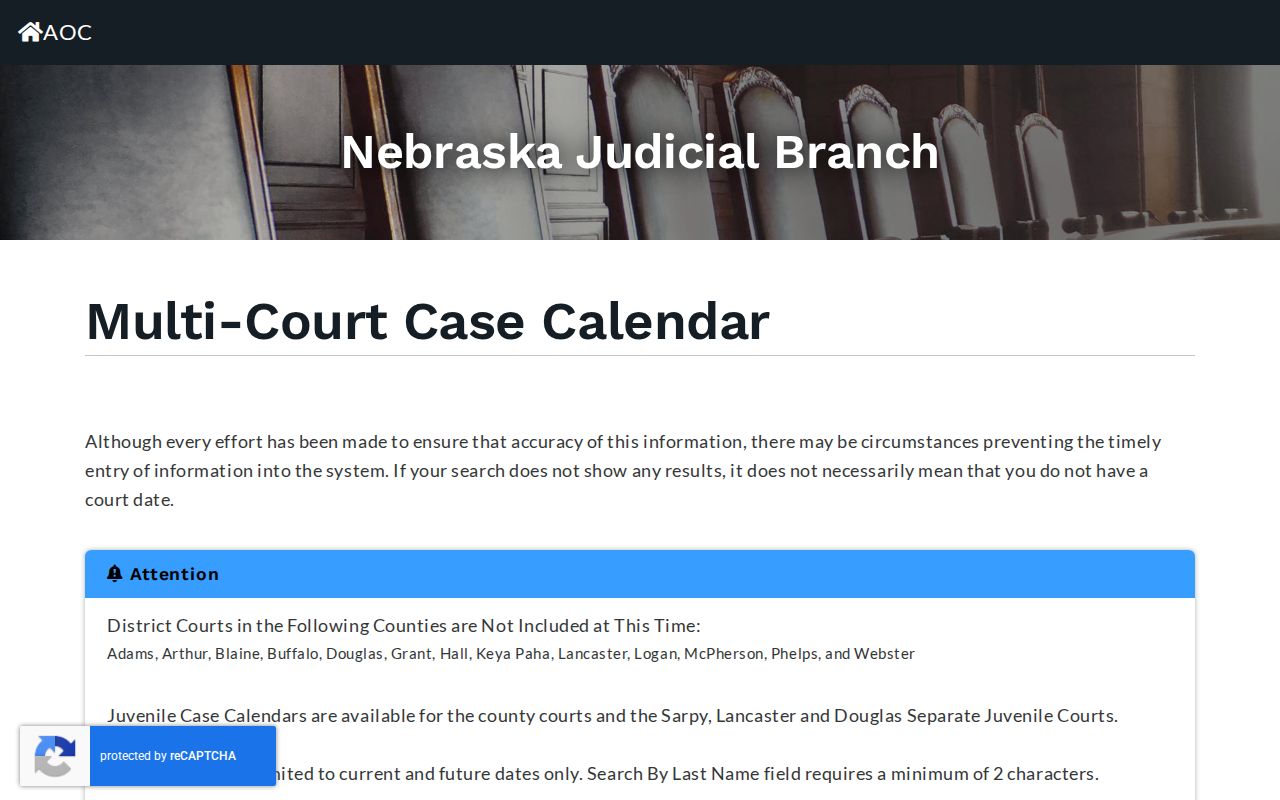 Garfield County court calendar search showing Nebraska statewide court type, county, and date or last-name controls