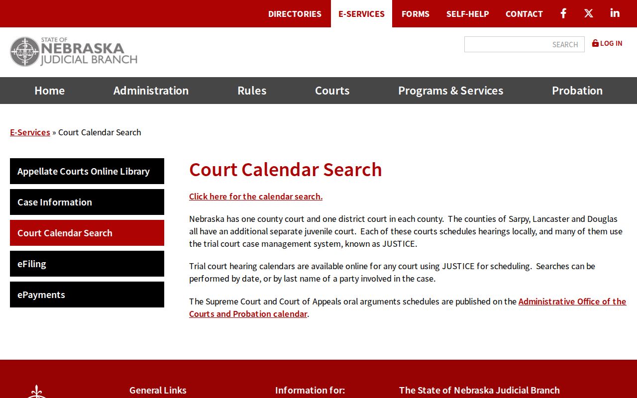 Garfield County court schedule reference showing Nebraska Judicial Branch court calendar information and availability notice