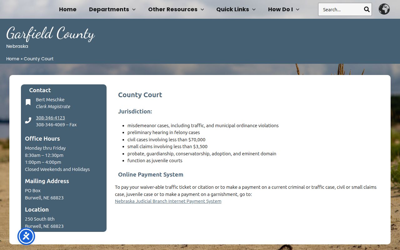 Garfield County Court page showing County Court clerk information, court jurisdiction, and calendar-related services