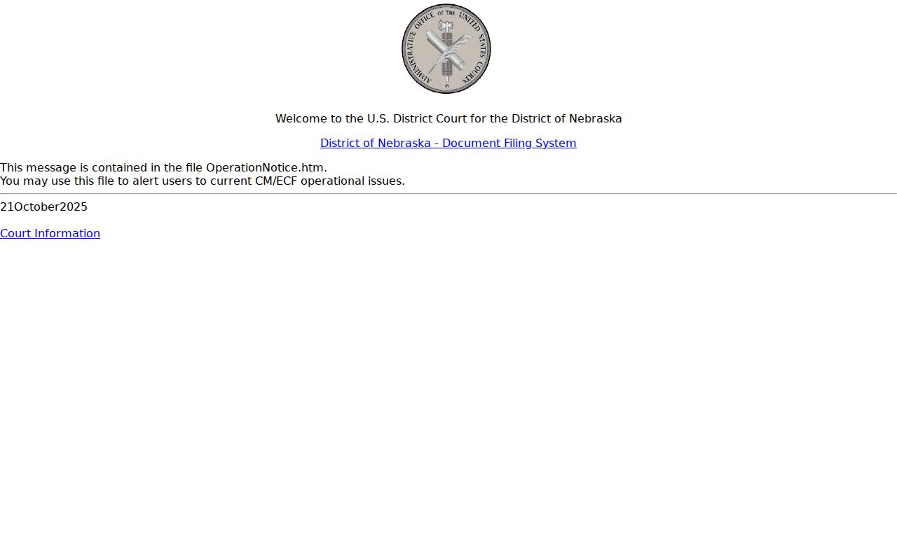 Garfield County court records distinction showing District of Nebraska CM ECF federal filing access, separate from state court records