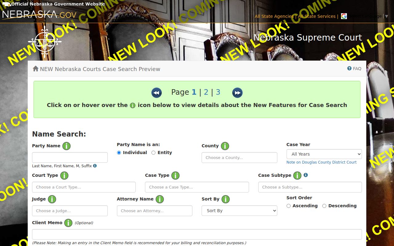 Garfield County criminal docket JUSTICE search fields for party, county, court type, and case type