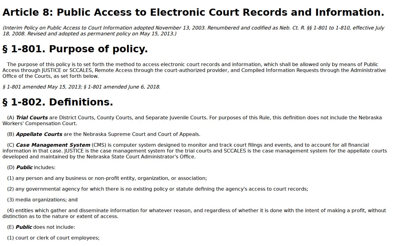 Garfield County criminal docket Nebraska public electronic court record access rule