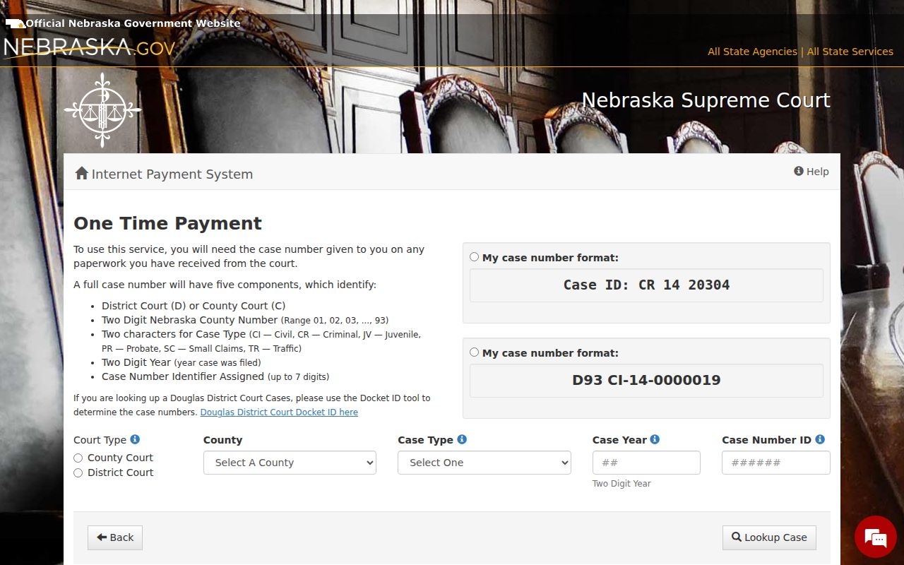 Garfield County traffic court one-time payment fields for county court, county, traffic case type, year, and case ID
